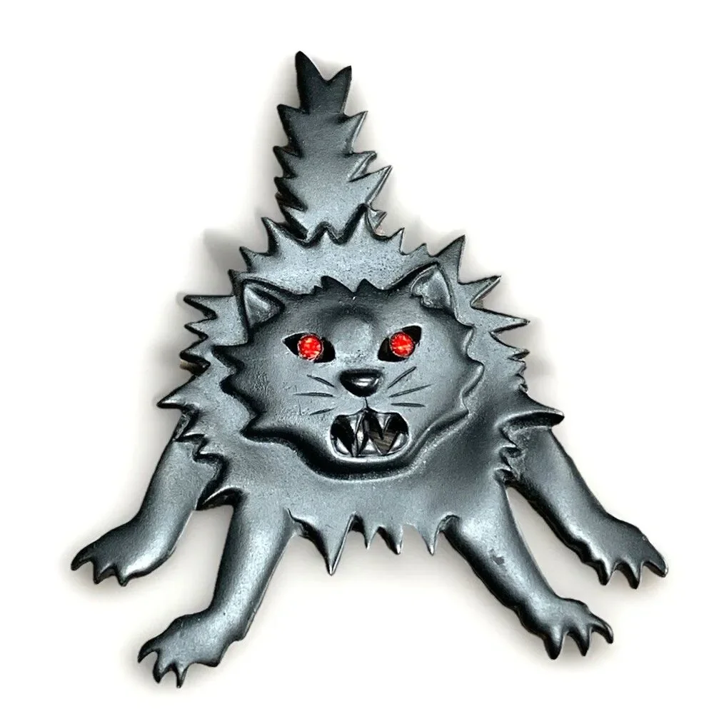 Vintage JJ Signed Pewter Rhinestone Halloween Scaredy Cat Brooch Pin Goth